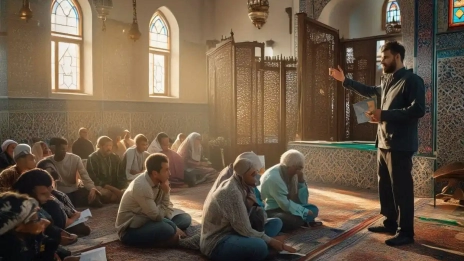 Ilustrasi umat Islam mempelajari hukum siapa wajib bayar kafarat puasa dalam kajian keagamaan di masjid.