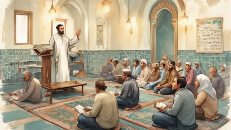 Ilustrasi ustaz menjelaskan hukum kafarat puasa kepada jamaah di dalam masjid saat kajian Ramadan.