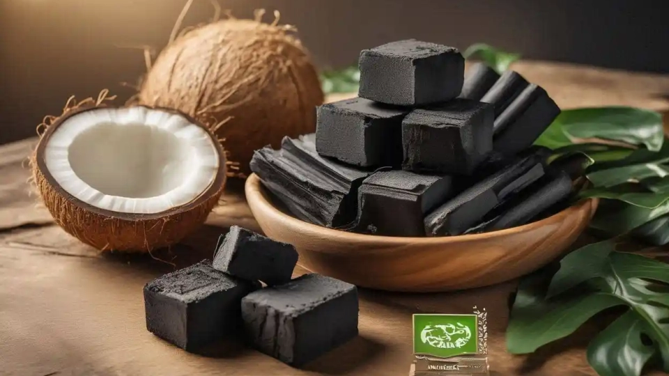 Organic coconut charcoal briquette arranged with natural coconut shells showing eco-friendly product