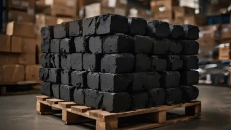 Export grade coconut shell charcoal briquettes stacked and ready for international shipment