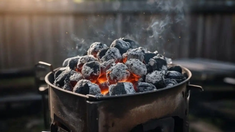 Easy way to light charcoal briquettes using a chimney starter with glowing embers on a BBQ grill