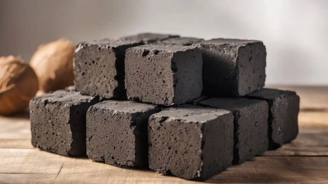 Stacks of coconut charcoal briquettes in cube shape ready for export packaging