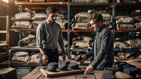 A supplier presenting coconut charcoal briquettes samples at a trading facility