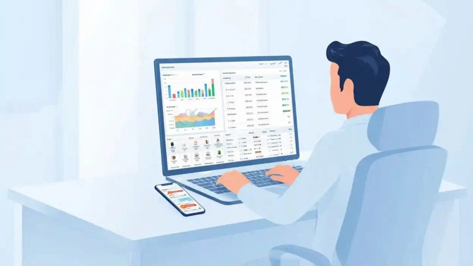 Ilustrasi pemilik usaha menggunakan sistem administrasi penjualan modern pada laptop dengan tampilan dasbor transaksi dan laporan keuangan digital